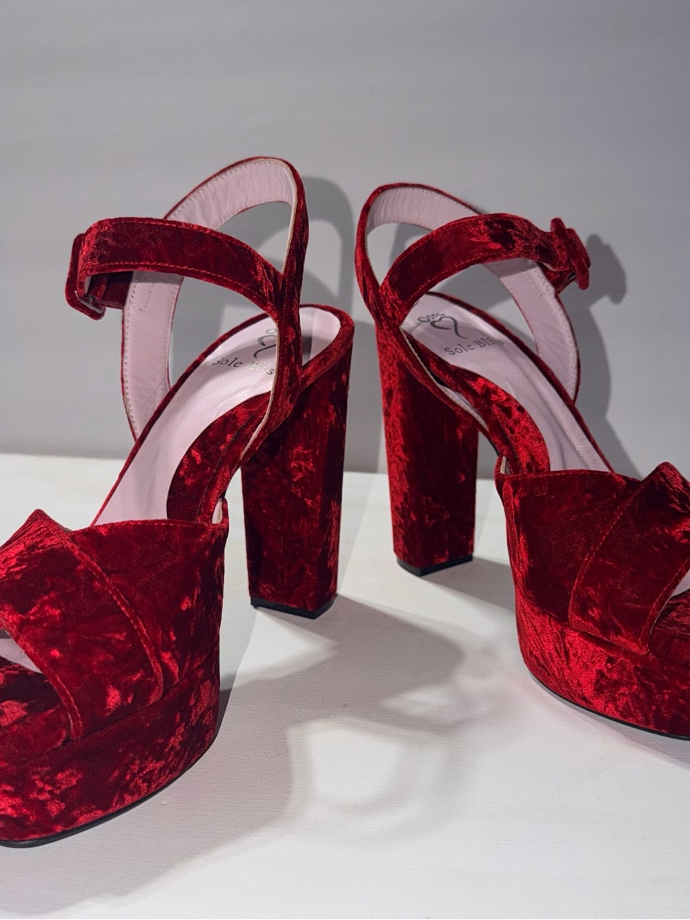 Sole Bliss Red Velvet Platform Block Heels with Ankle Strap